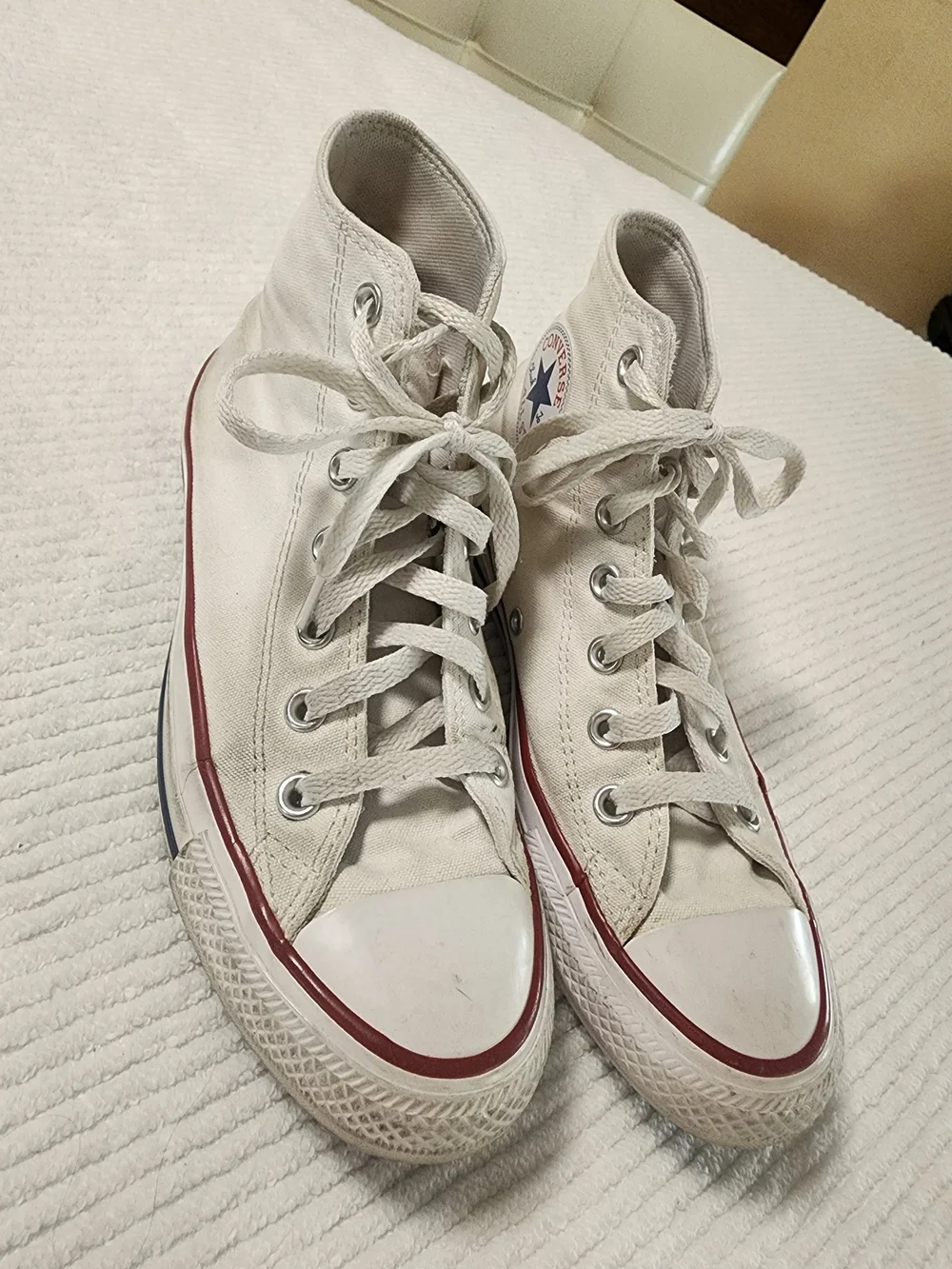Converse White High Top Sneakers with Red & Navy Stripe - Picture 8 of 9